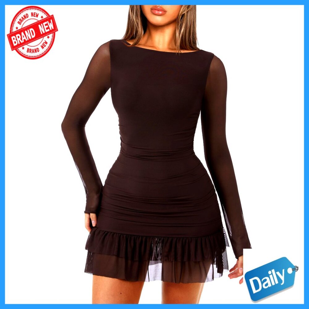 Long Sleeve Boat Neck Bodycon Mini Dress Mesh Ruffle Club Cocktail Party - Picture 1 of 7